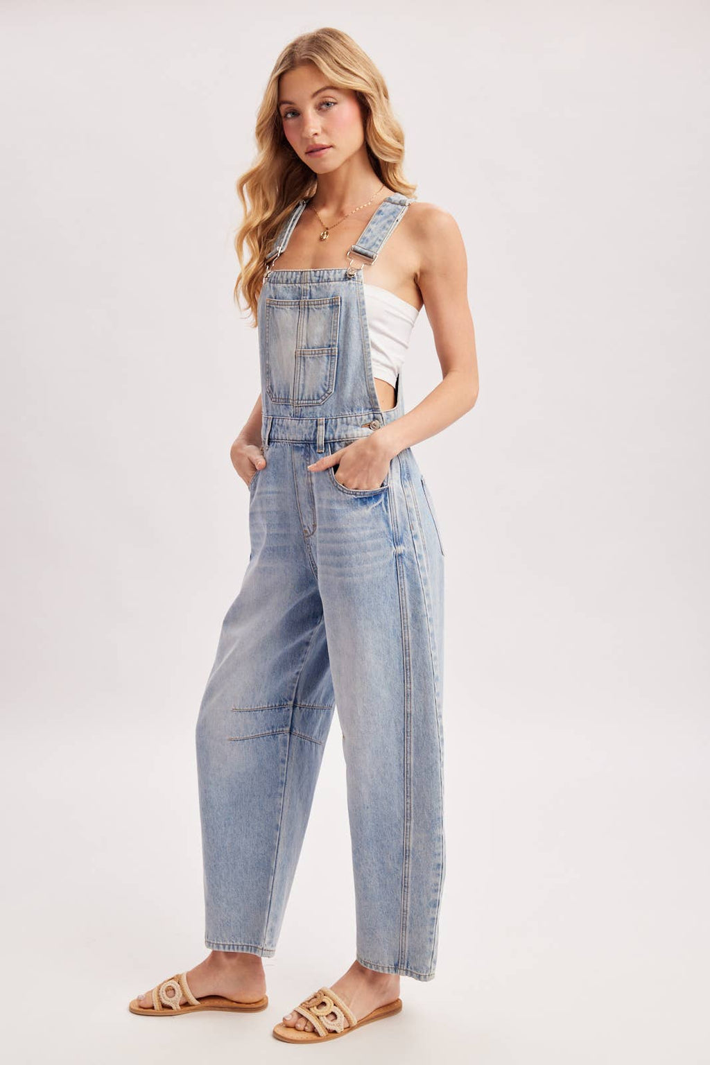DENIM MINI BARREL OVERALLS