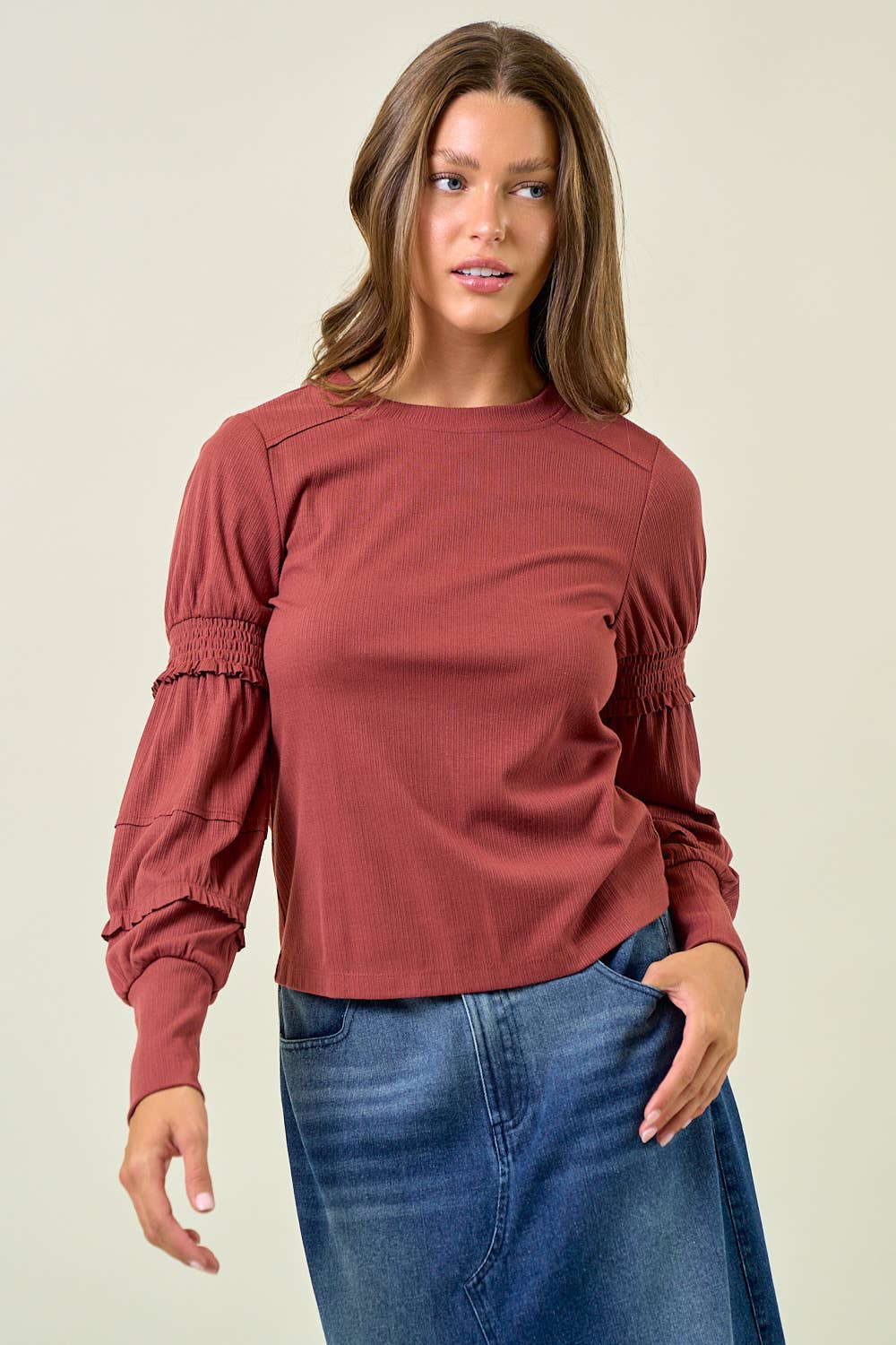 ROUND NECK SMOCKED LONG SLEEVE TOP