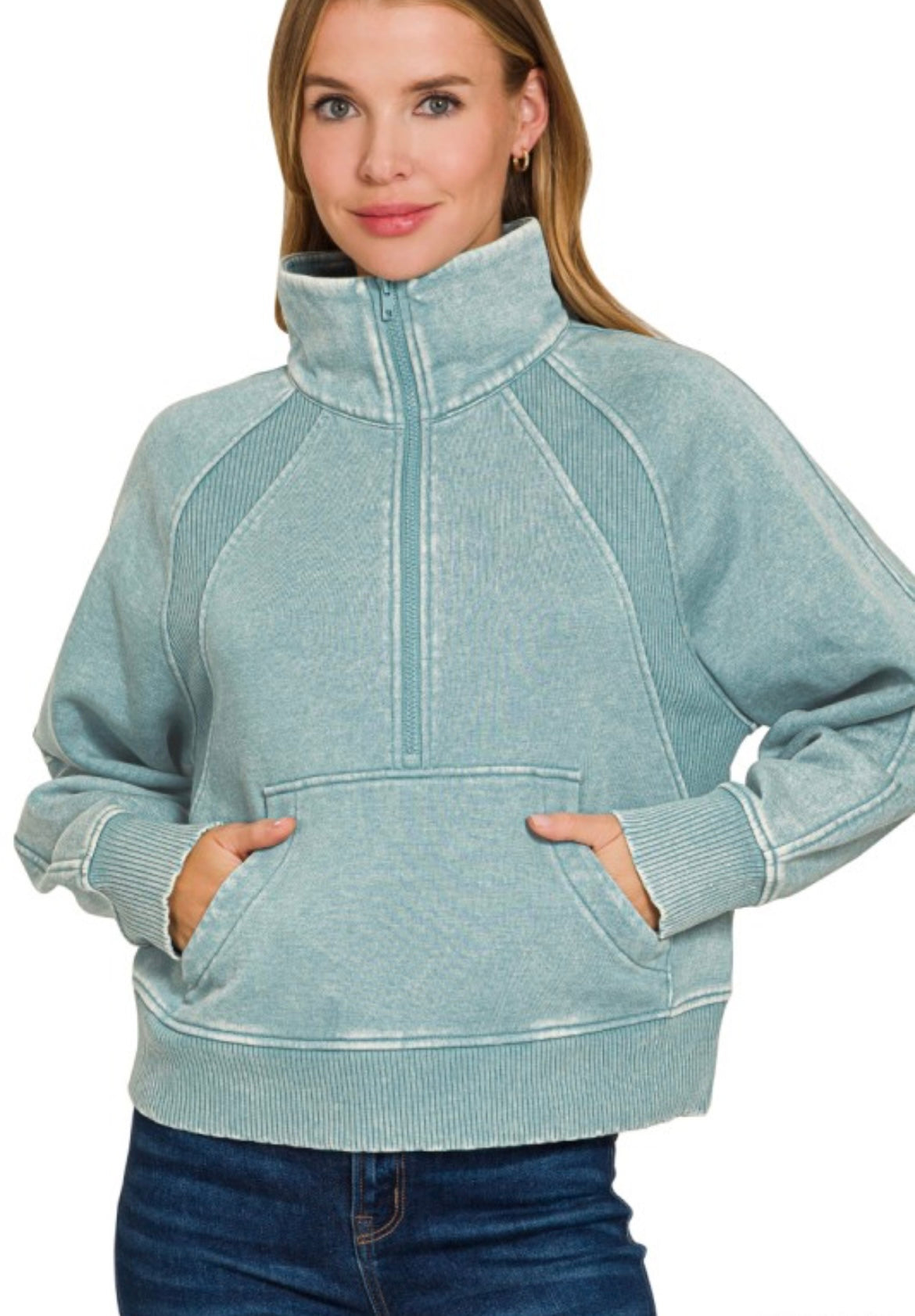 Acid Wash Half-Zip Fleece Pullover with Pocket