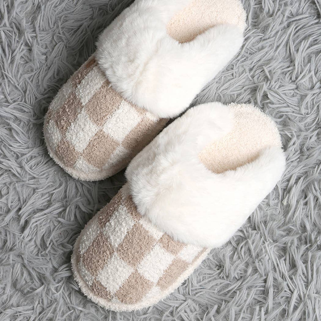 Checkered Faux Fur Cuff Luxury Soft Slipper