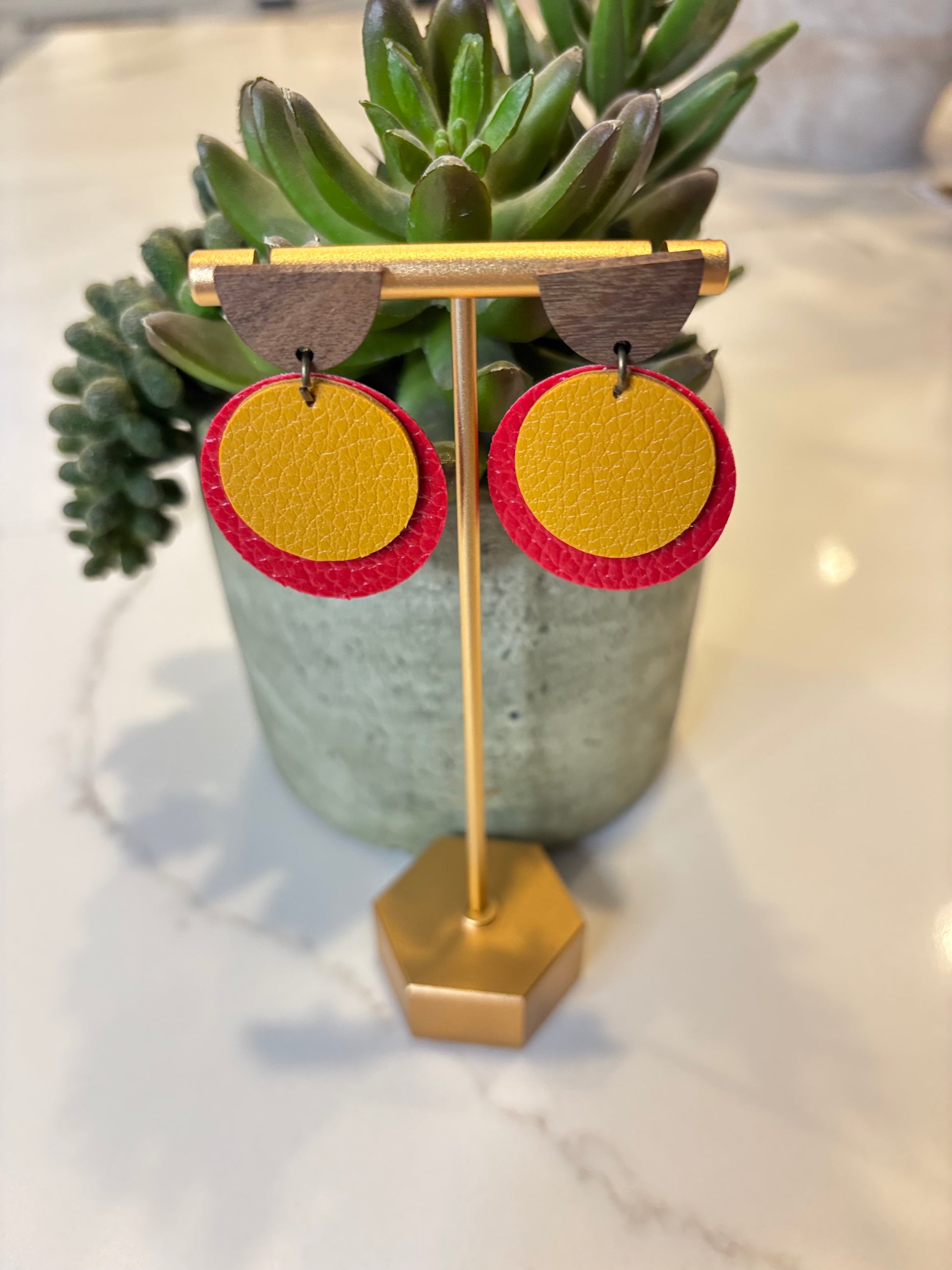 Red and Gold leather and wood circle earrings