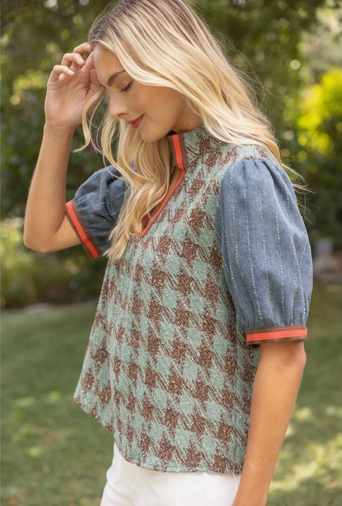 Stripe Denim Sleeve Houndstooth Tweed Top