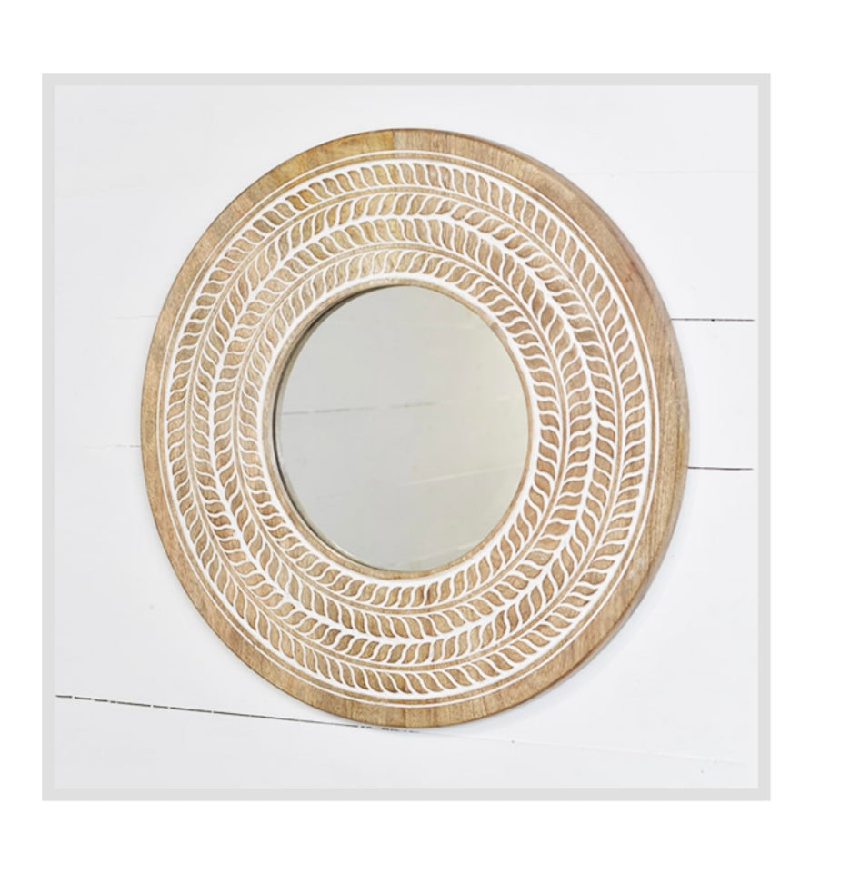24" ROUND CARVED WOOD MIRROR