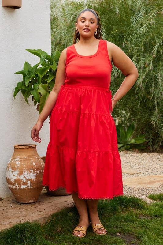 Curvy Sleeveless Knit Tank Poplin Skirt Mixed Media Dress