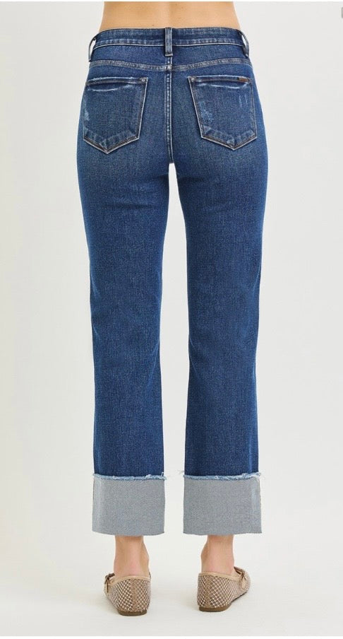 RISEN TUMMY CONTROL 4 WAY STRETCH MID RISE CROP STRAIGHT CUFFED JEAN