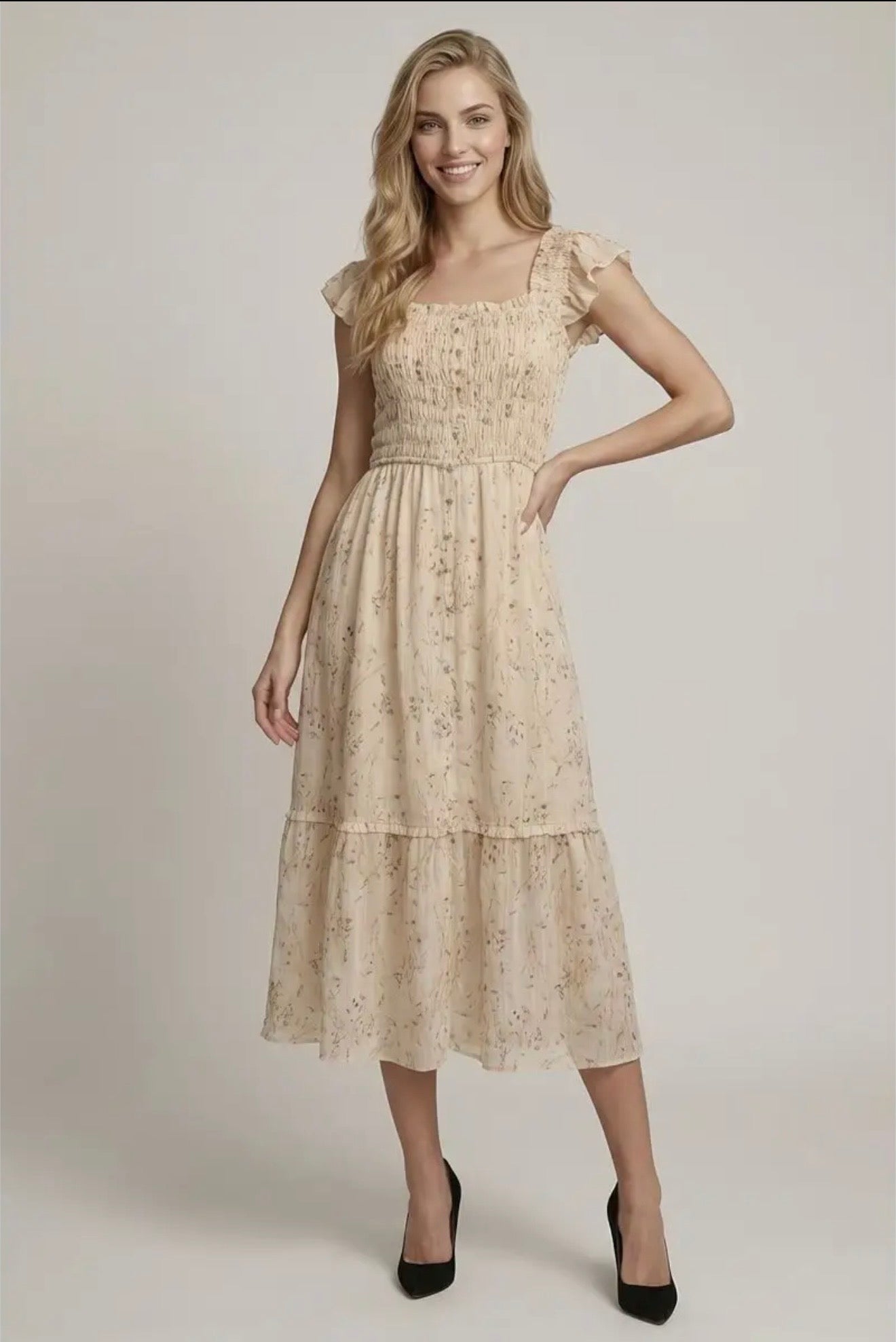 Smocked Bodice Floral Midi Dress