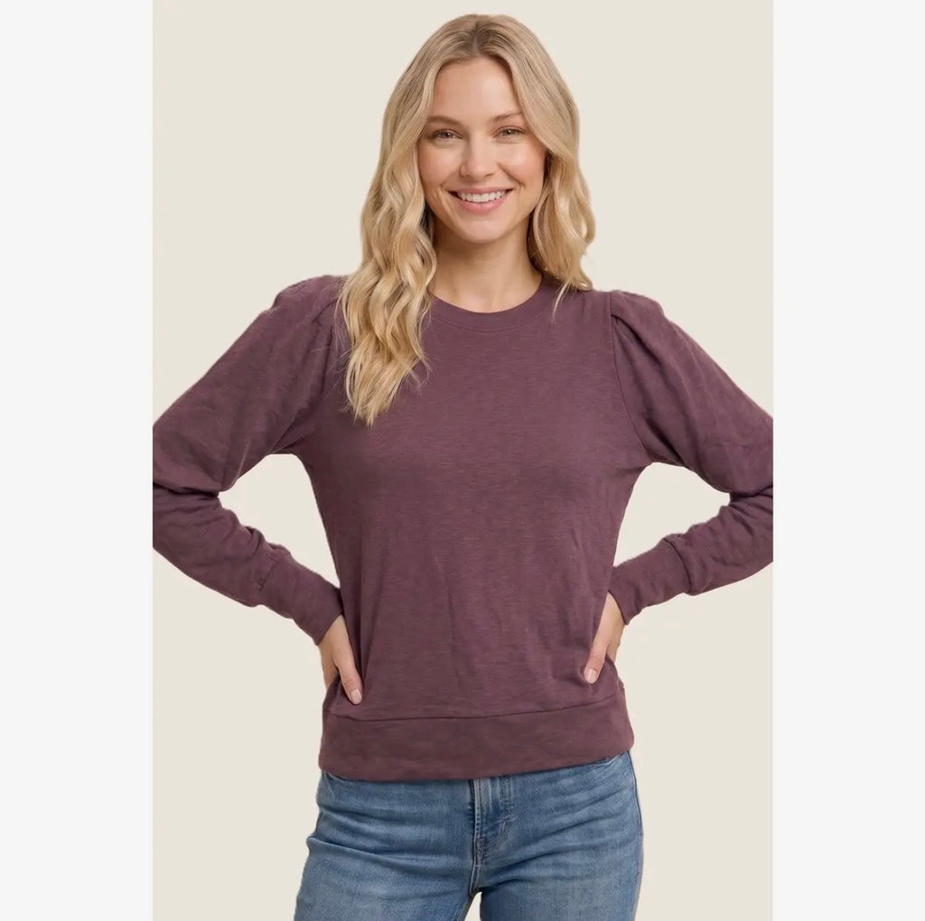 Long Sleeve Pleated Crewneck Knit Top