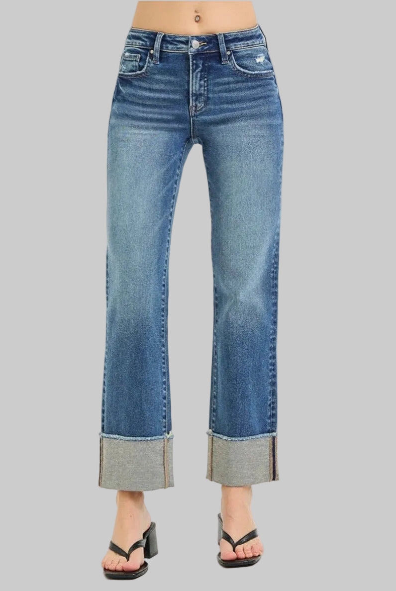 Risen Mid Rise Ankle Straight Cuffed Jean
