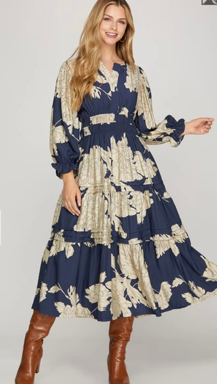 Tiered Floral Print Midi Dress