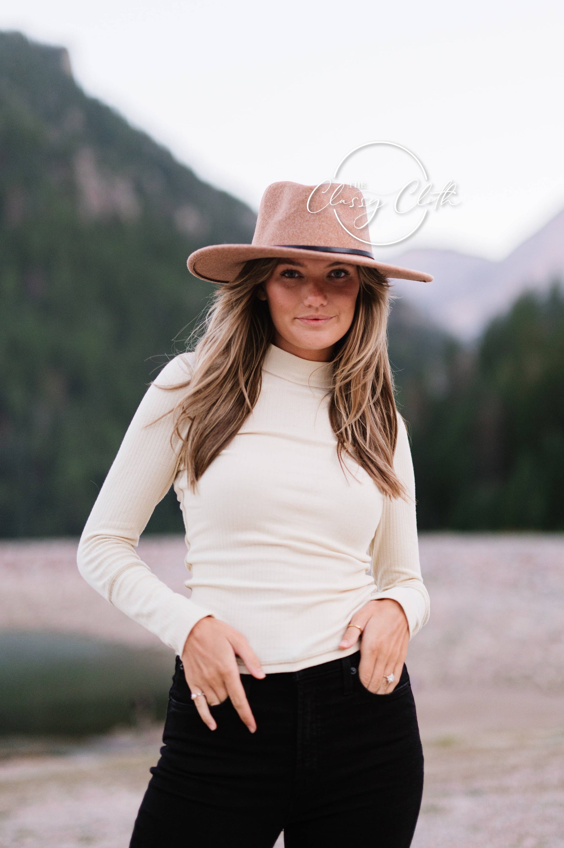 Wool Blend Wide Brim Hat w/ Belt - Camel