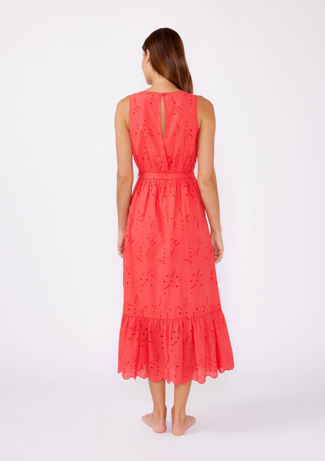 V-Neck Eyelet Midi Dress with Waist Belt