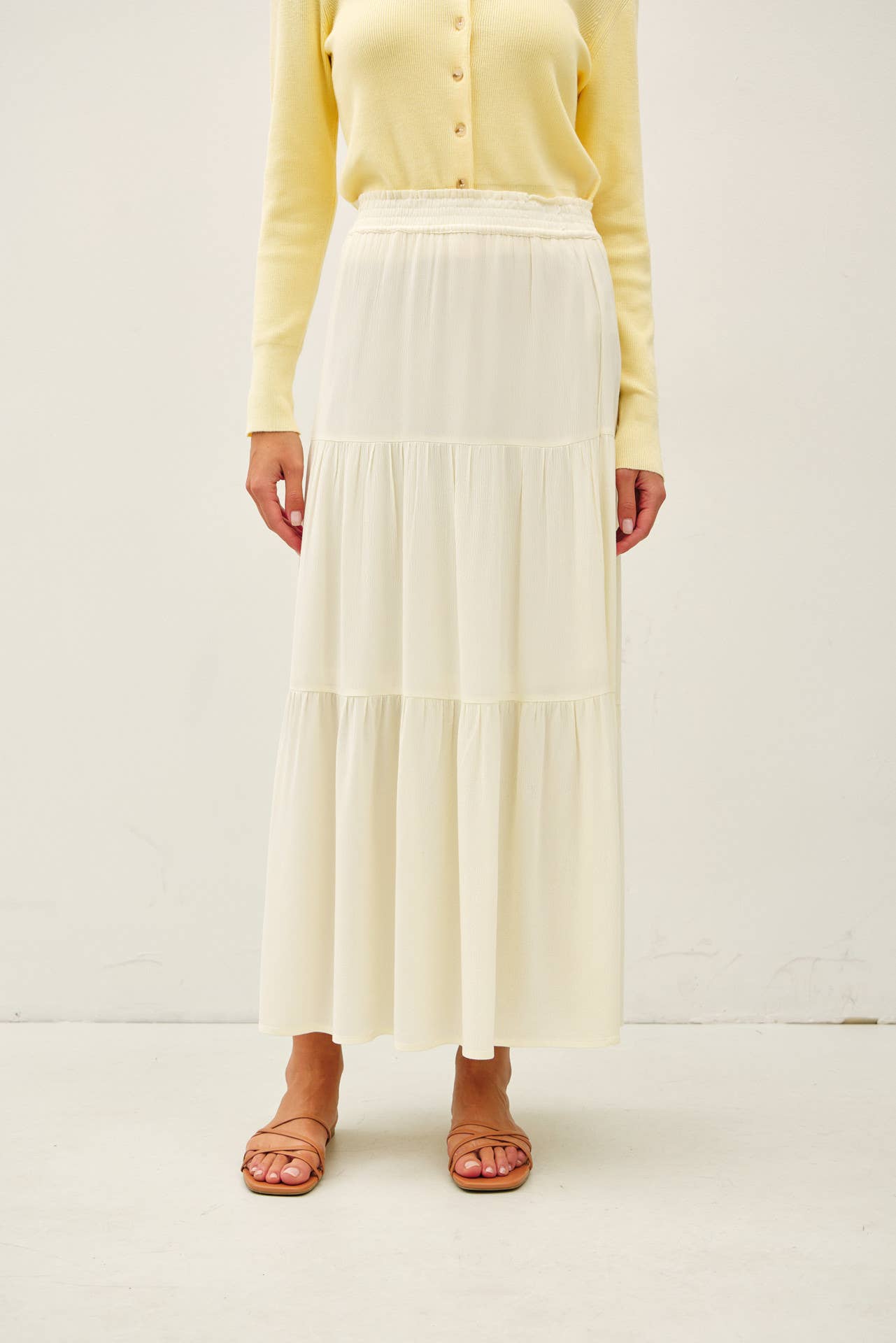 SMOCKED WAIST TIERED MAXI SKIRT