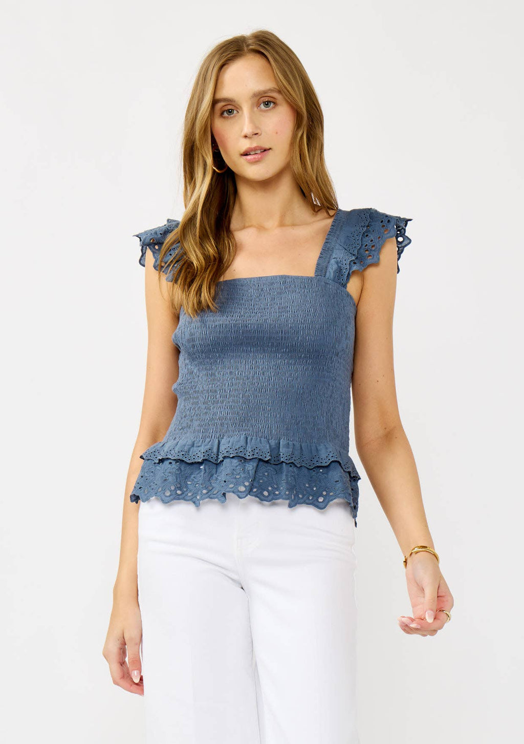 Smocked Scallop Lace Ruffle Top