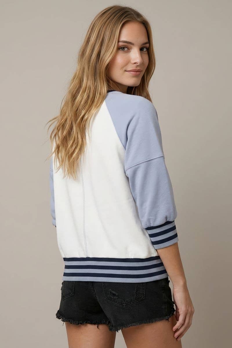 COLOR BLOCK RAGLAN RIB BAND DETAIL SWEATSHIRT