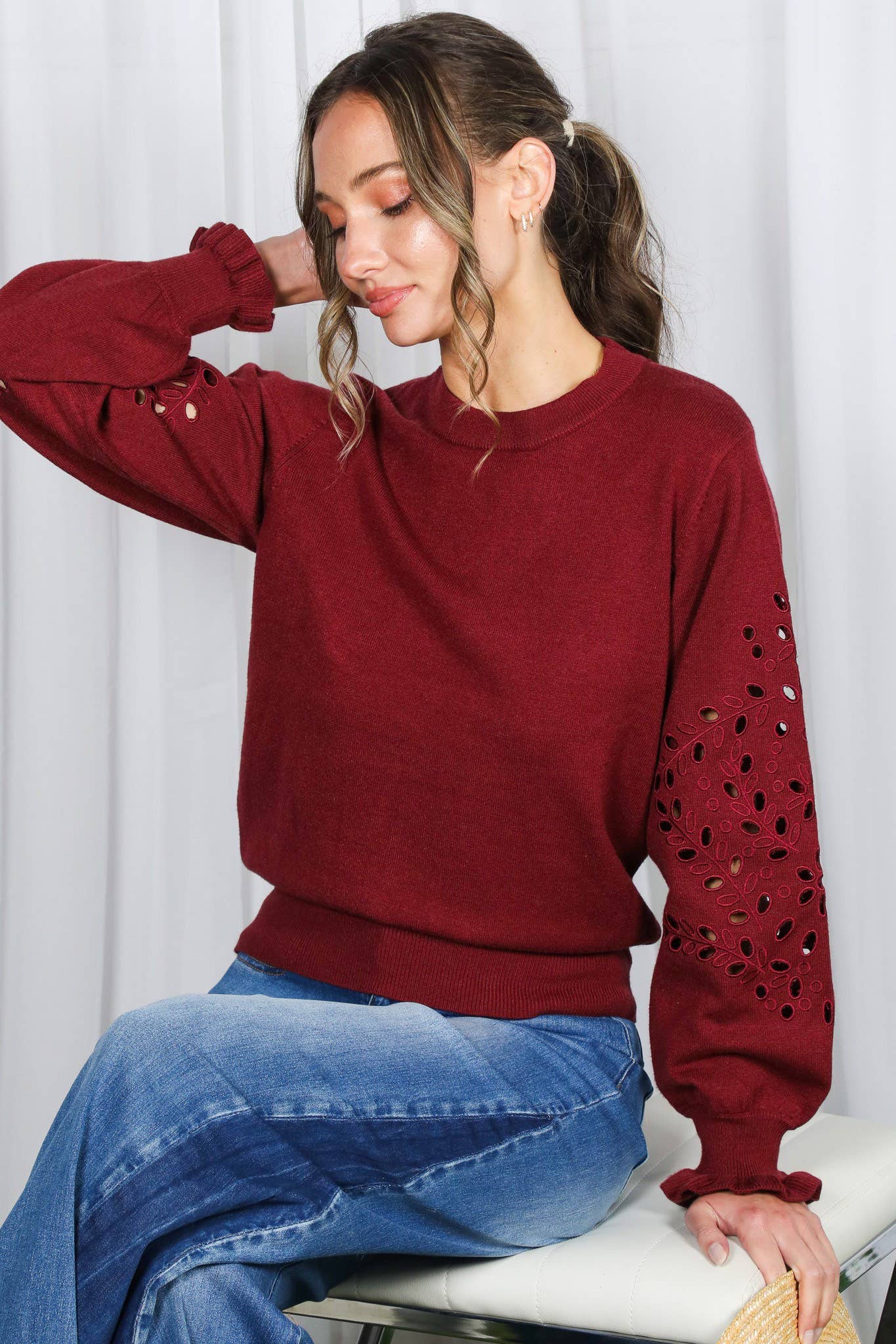 Crewneck Long Sleeve Cutwork Embroidered Sweater