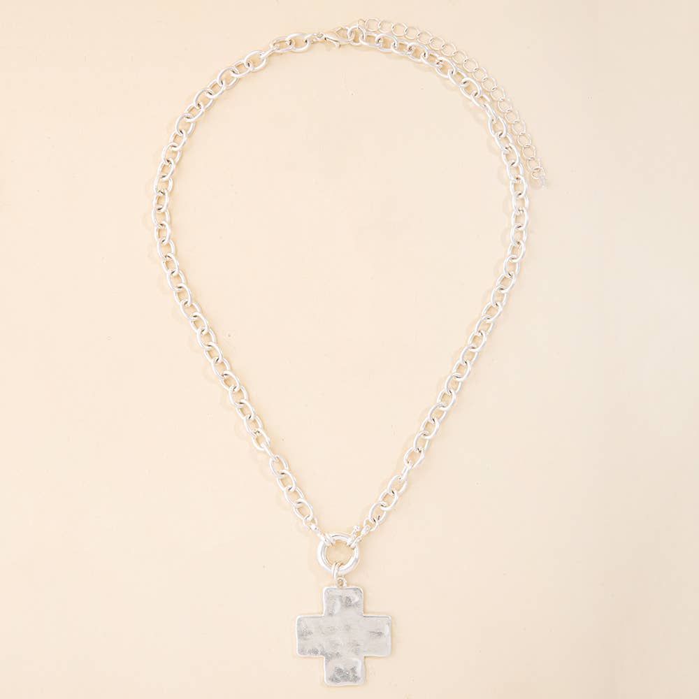 Hammered Square Cross Pendant Chunky Chain Necklace