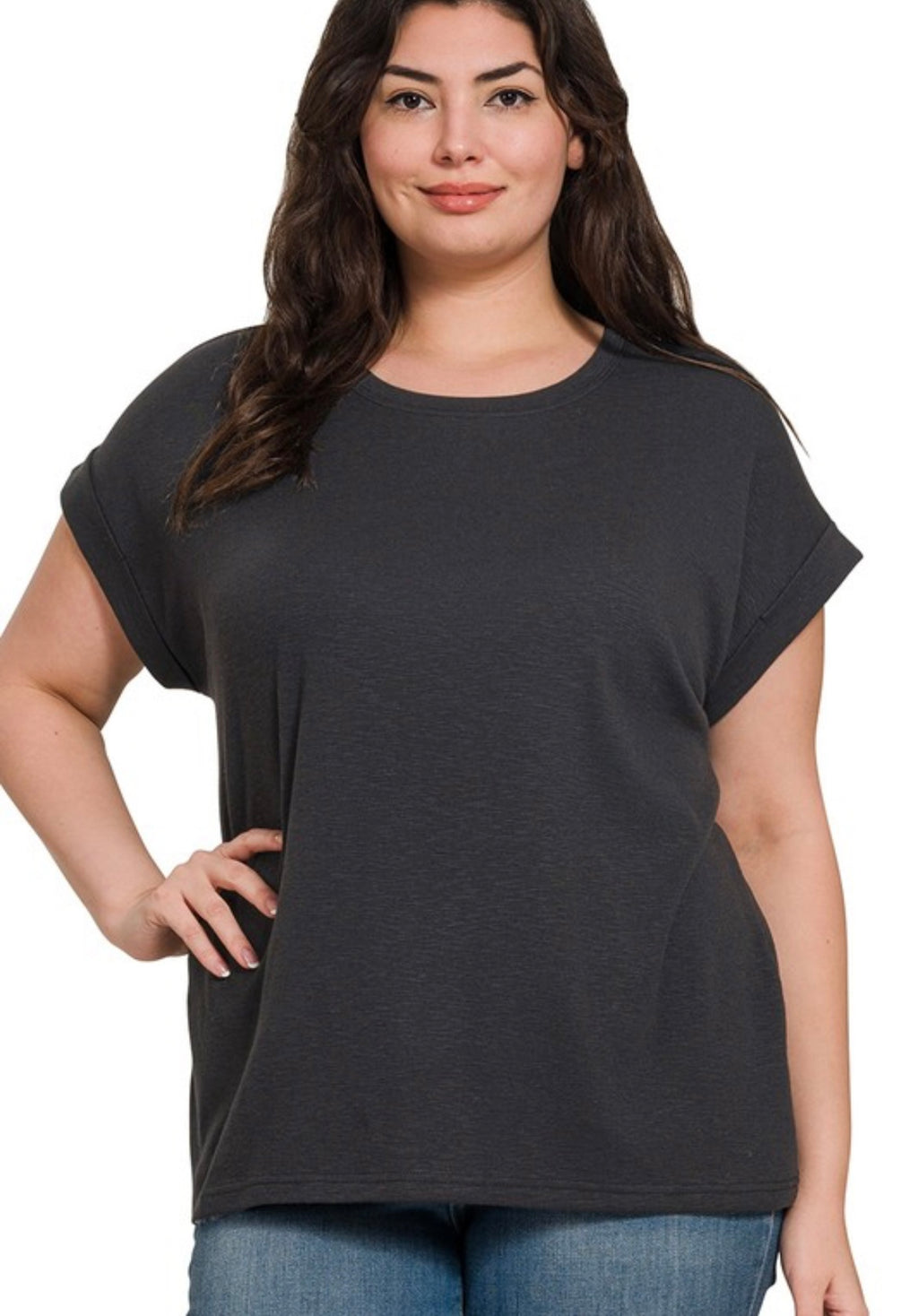 Curvy Cotton Modal Slub Knit Rolled Sleeve Tee
