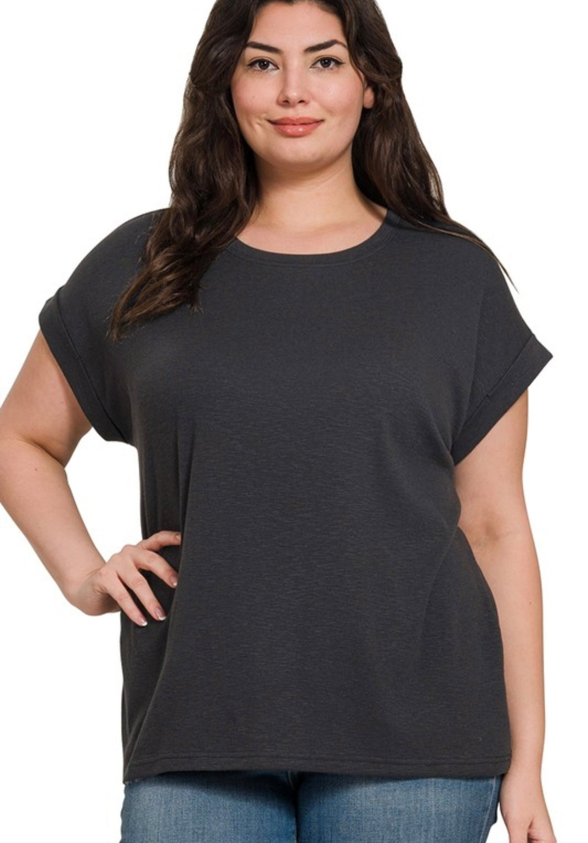 Curvy Cotton Modal Slub Knit Rolled Sleeve Tee