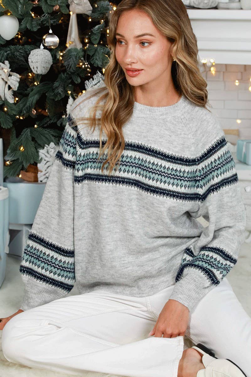 Crew Neck Balloon Sleeve Geo Pattern Printed Sweater