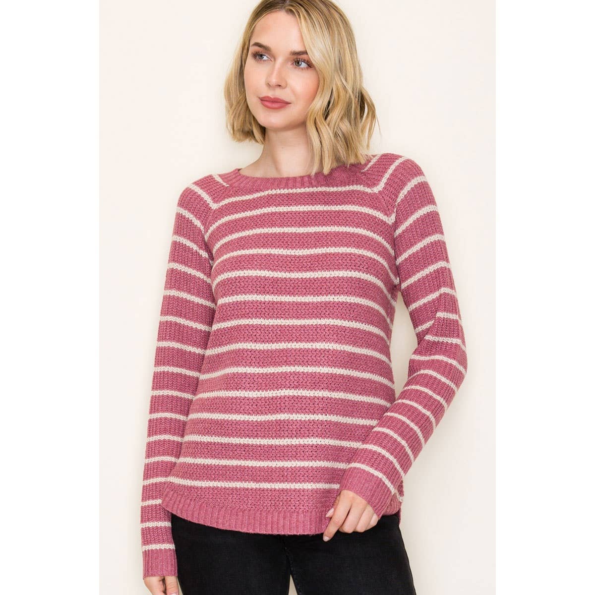 MINI WAFFLE STRIPED PULLOVER SWEATER
