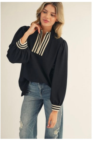 Stripe Banded High Neck Ribbed Top