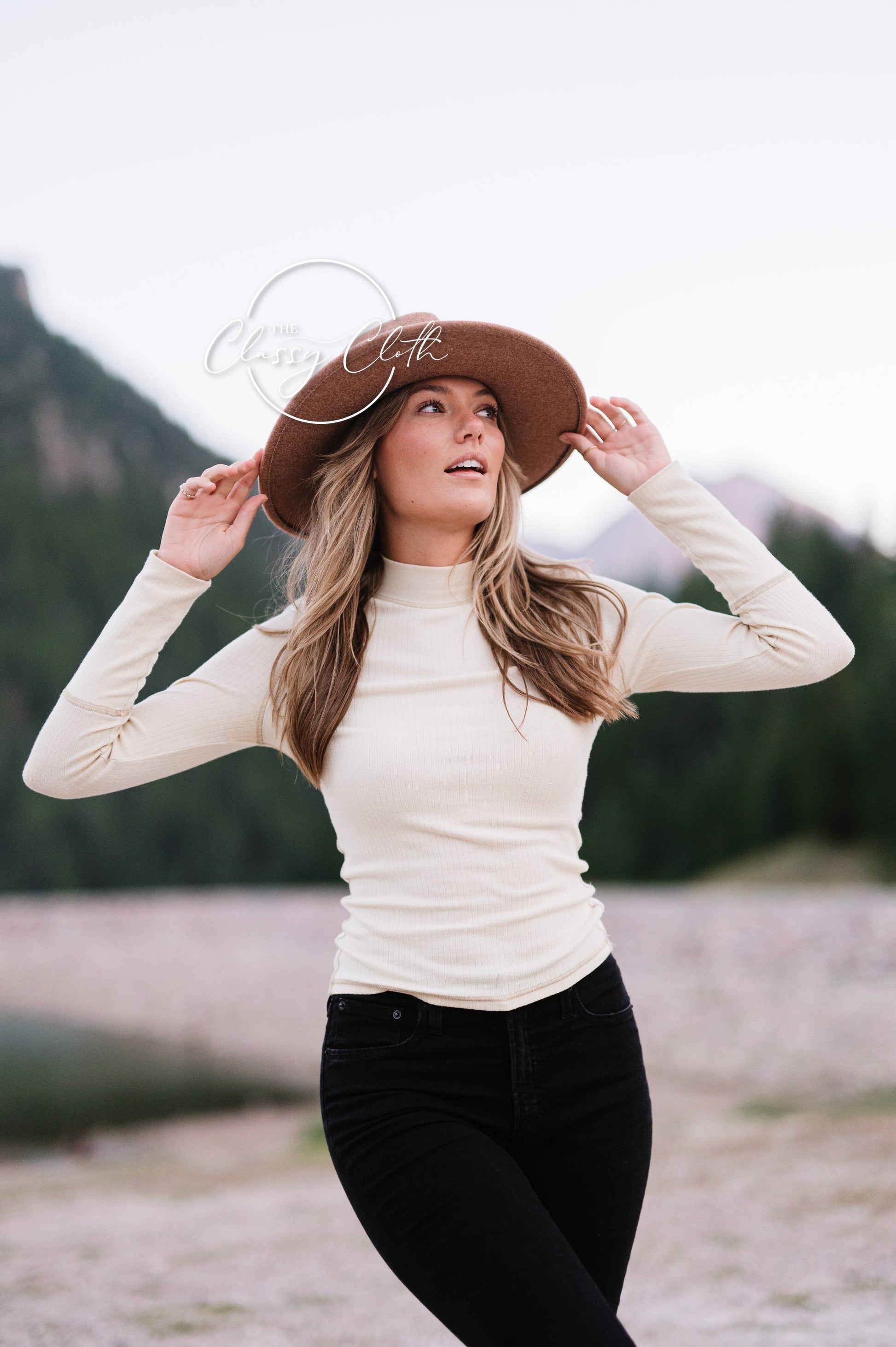 Wool Blend Wide Brim Hat w/ Belt - Camel