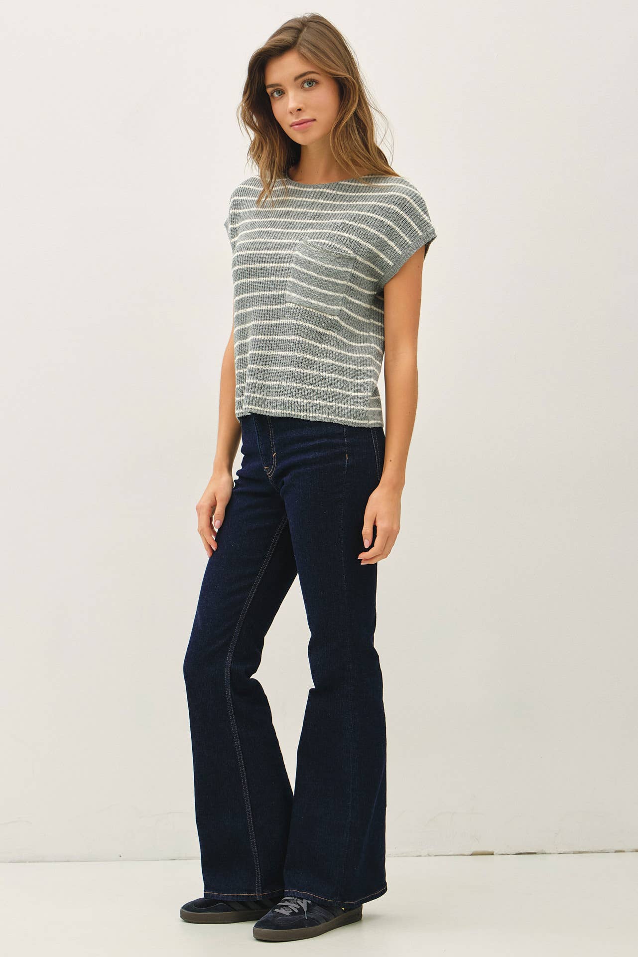 STRIPED CAP SLEEVE SWEATER W FRONT PATCH POCKET