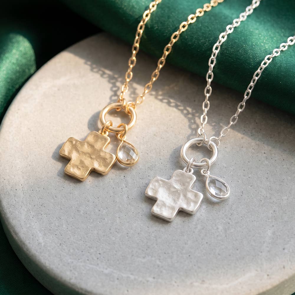 Dainty Hammered Cross And Pearl Charm Necklace