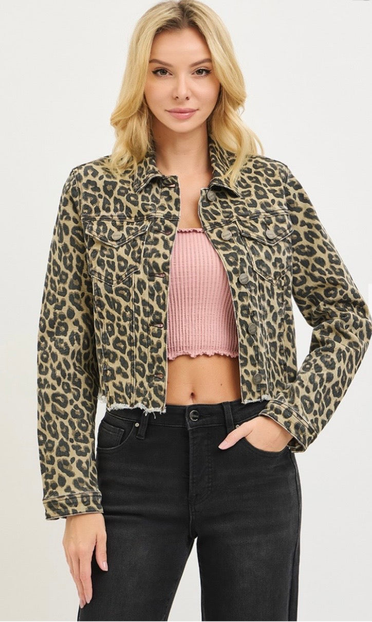 Risen Leopard Frayed Hem Denim Jacket