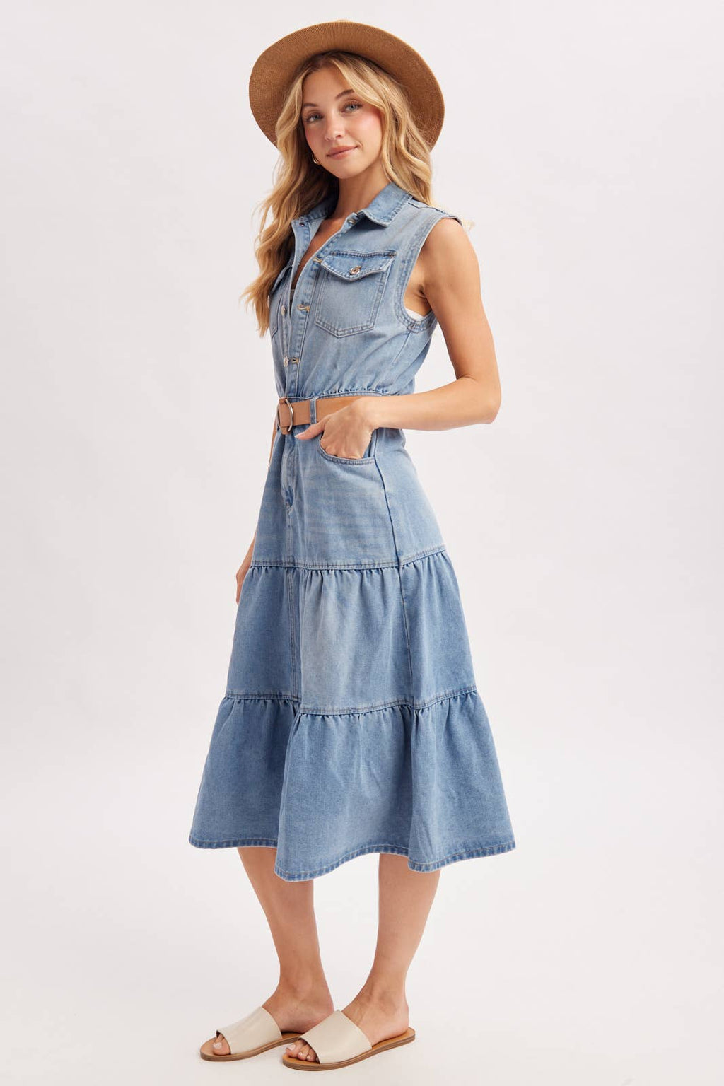 DENIM SLEEVELESS SHIRT TIERED MIDI DRESS