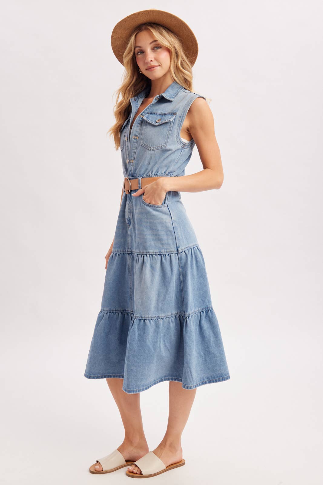 DENIM SLEEVELESS SHIRT TIERED MIDI DRESS