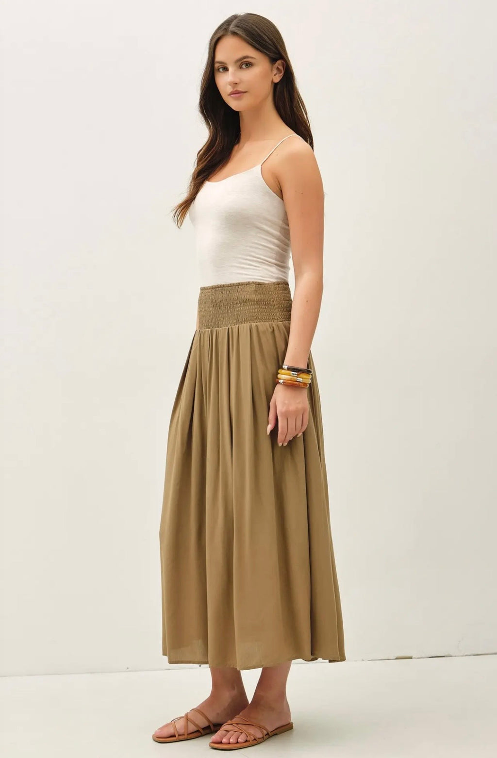 Smocked Waist Midi Skirt with Pockets