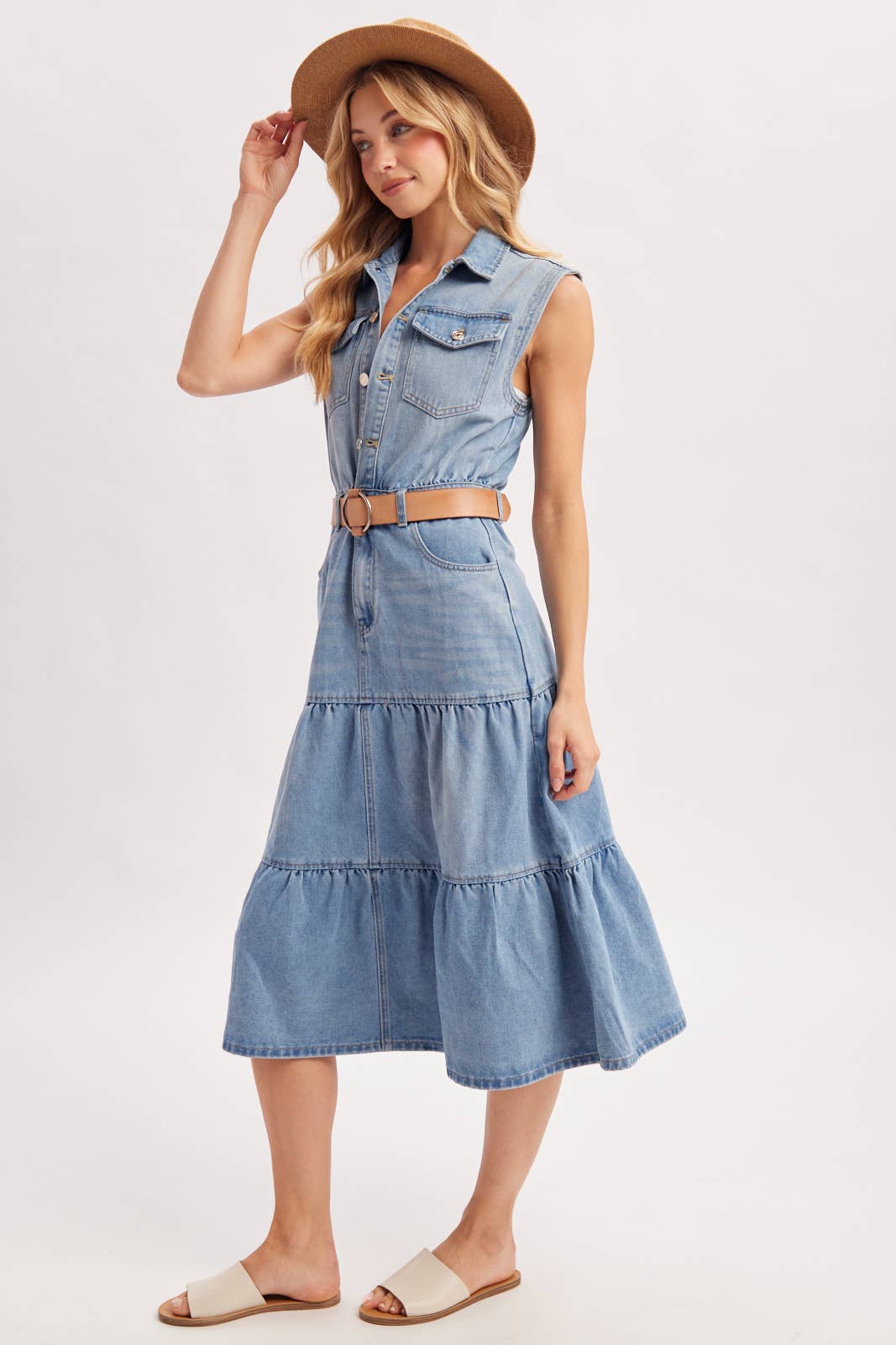 DENIM SLEEVELESS SHIRT TIERED MIDI DRESS