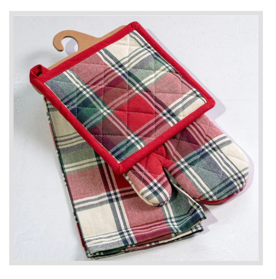 3 pc Plaid Oven Mit, Towel, Potholder Set