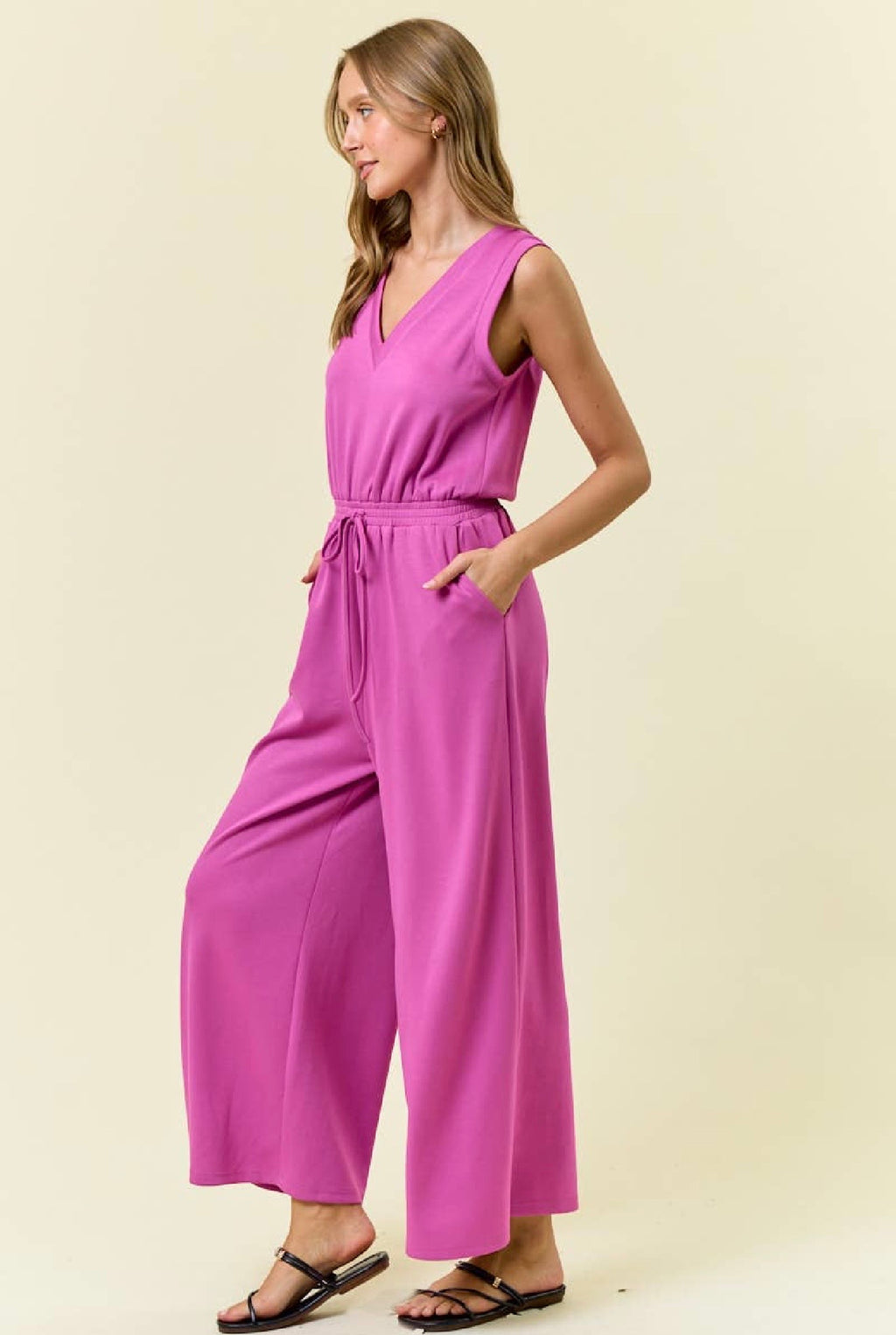 V NECK BRUSHED MODAL WIDE CULOTTE LEG JUMPSUIT