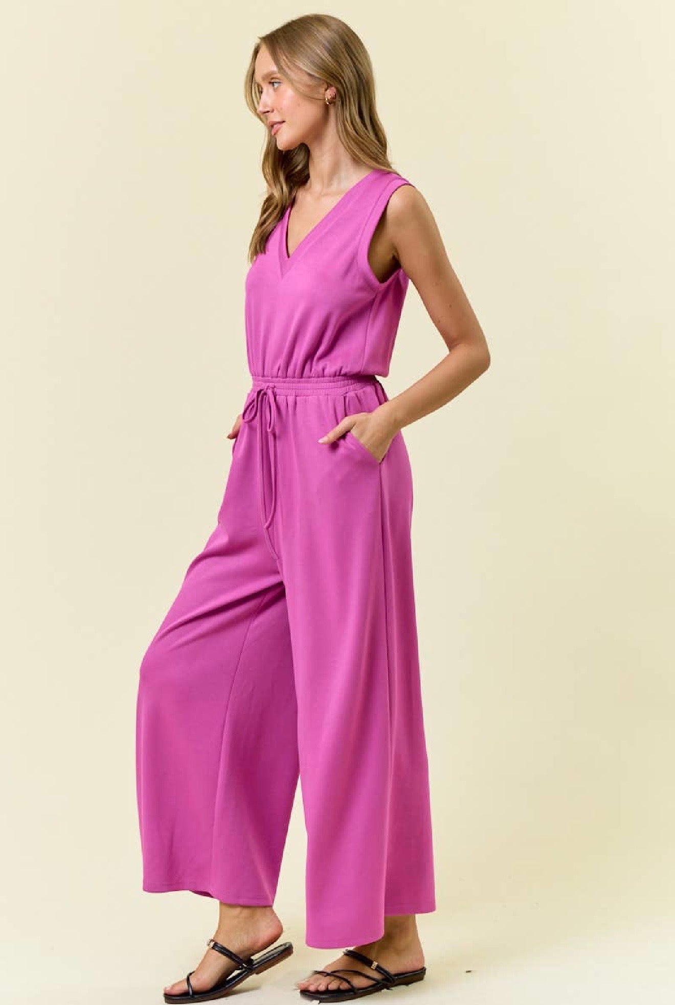 V NECK BRUSHED MODAL WIDE CULOTTE LEG JUMPSUIT