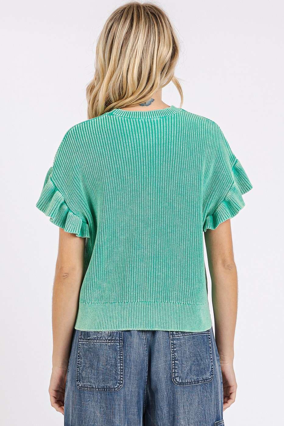 MINERAL WASH RUFFLE SHORT SLEEVE SWEATER TOP