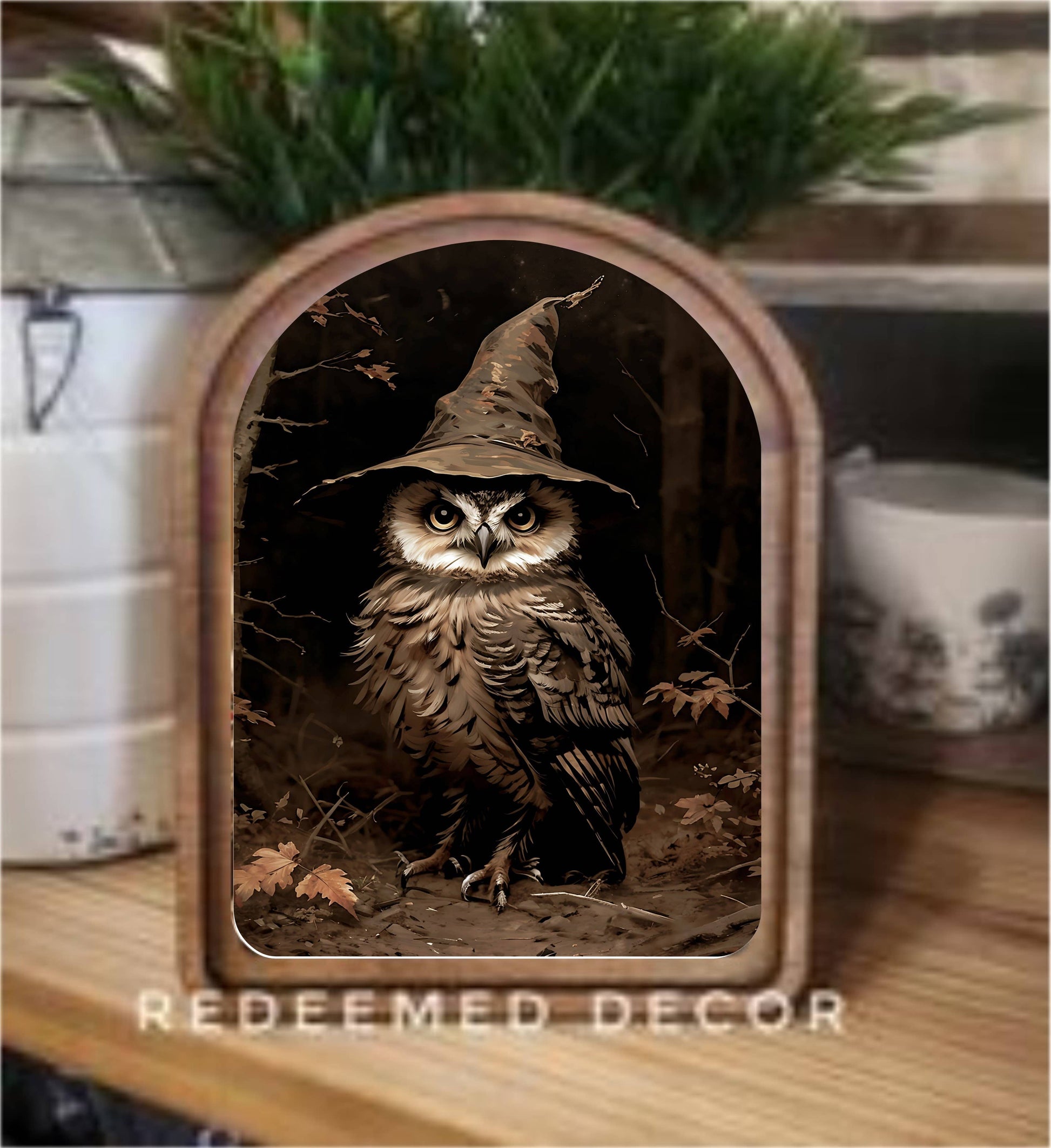 6x8 Arch Top Halloween Owl Framed Art