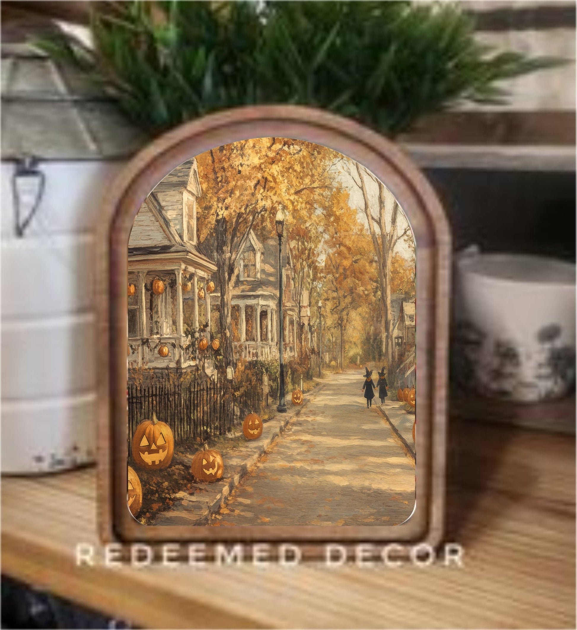 6x8 Arch Top Halloween Street Framed Art