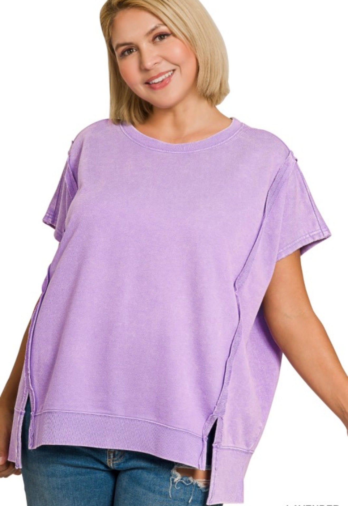 Curvy French Terry Acid Washed Short Sleeve Sweatshirt