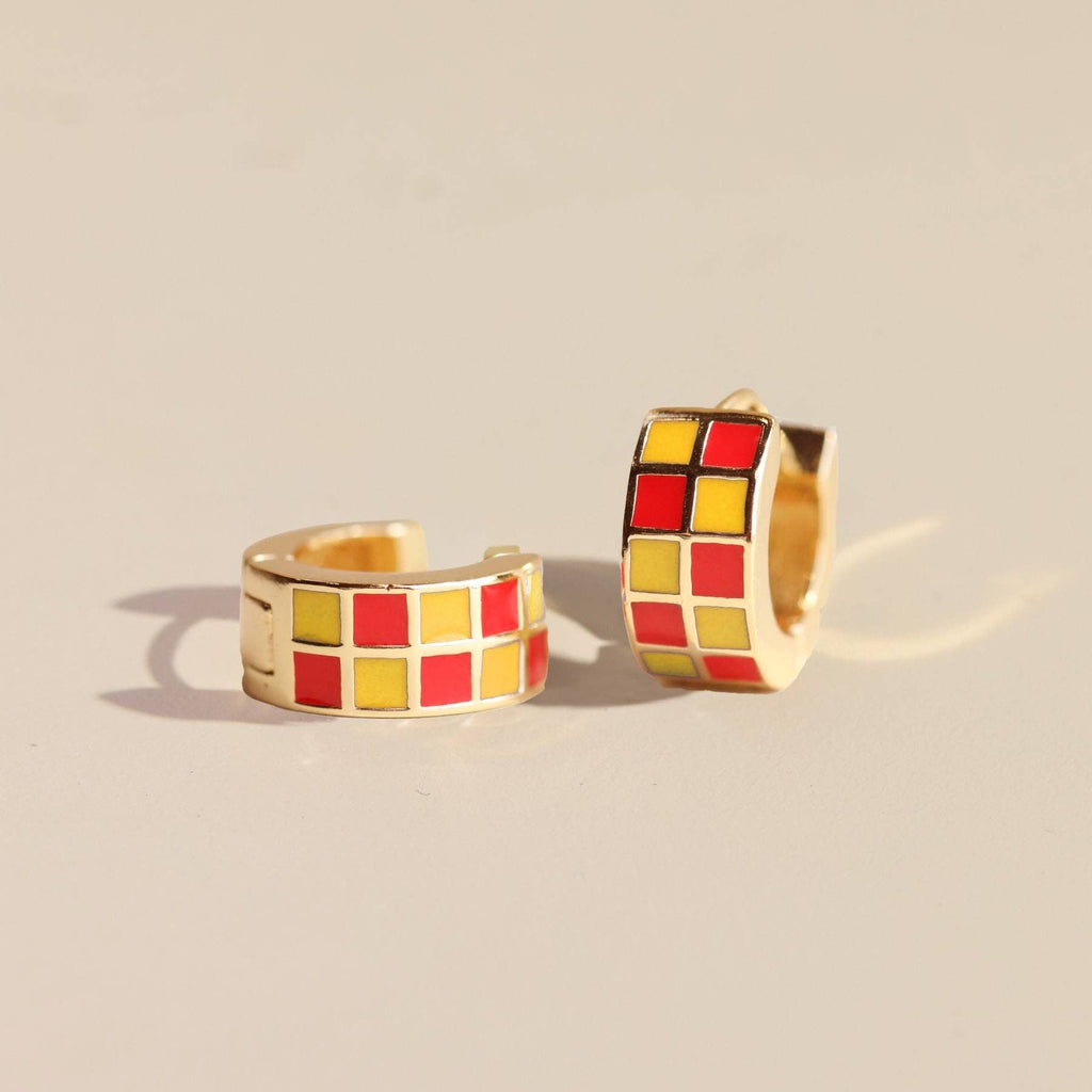 Red & Yellow Checkered Enamel Huggie Earrings