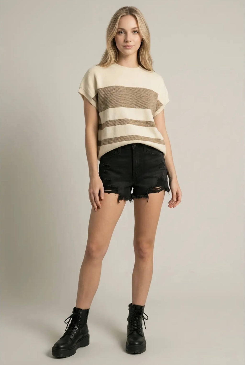 Crew Neck Stripe Short Sleeve Sweater