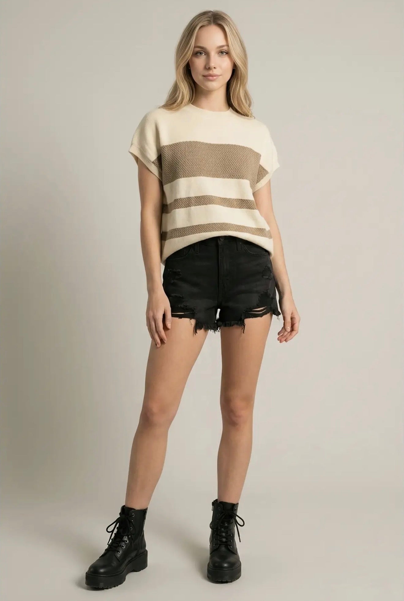 Crew Neck Stripe Short Sleeve Sweater