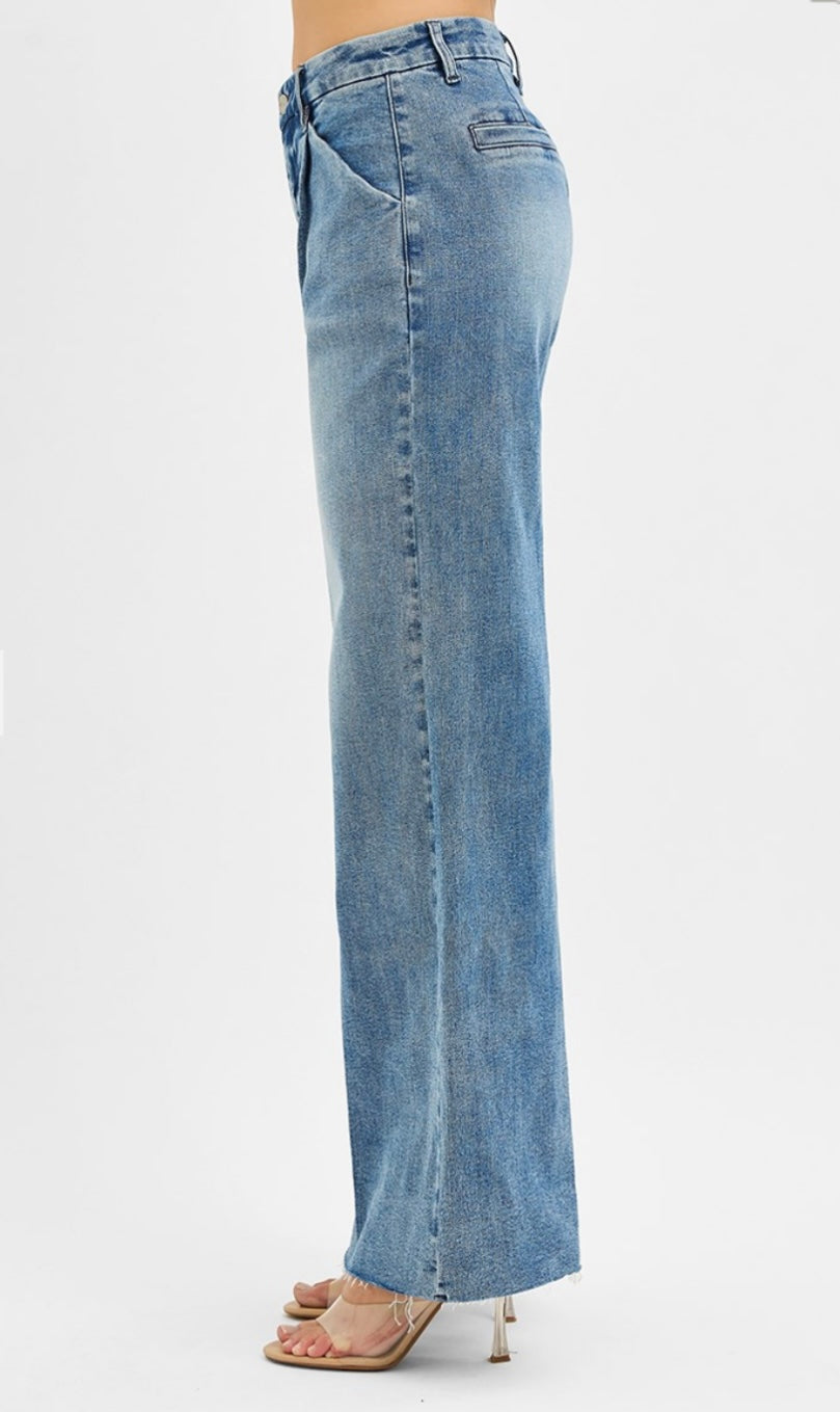 Risen High Rise Wide Leg Pleated Jeans