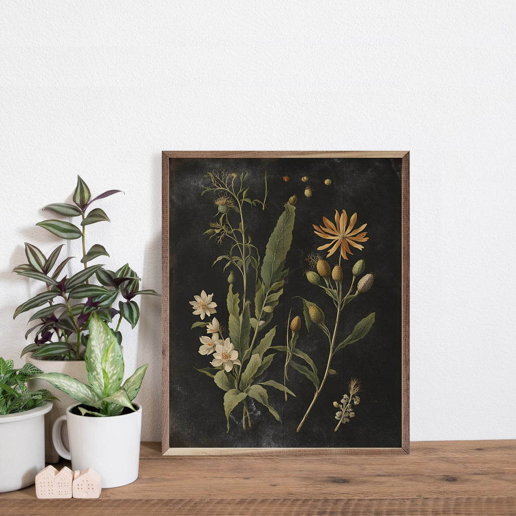 Vintage Cream Floral Print Black Wooden Sign 16 x 20