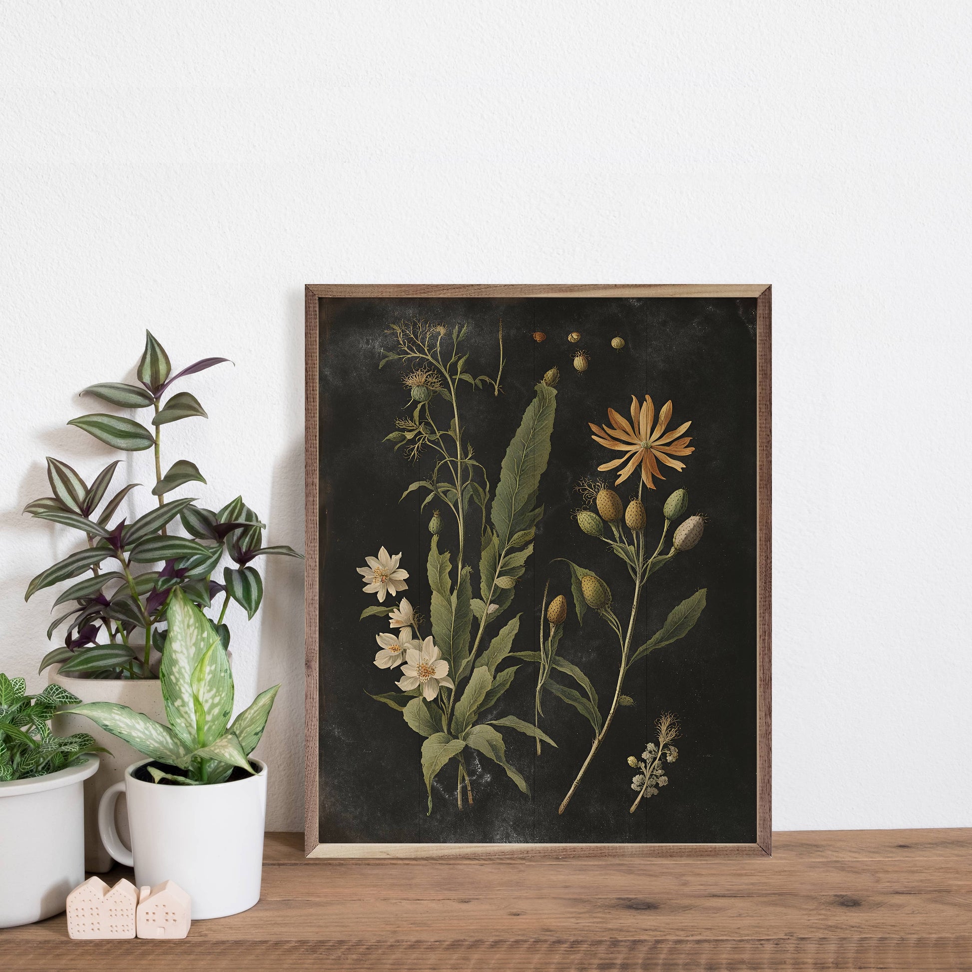Vintage Cream Floral Print Black Wooden Sign 16 x 20