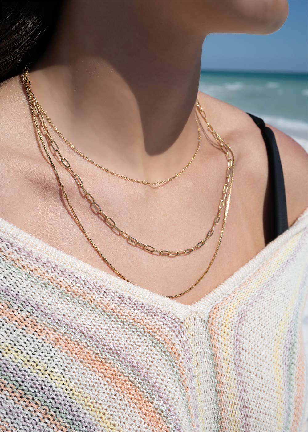 18K Gold PVD Stainless Steel Loop, Box, and Paperclip Layered Chain Necklace