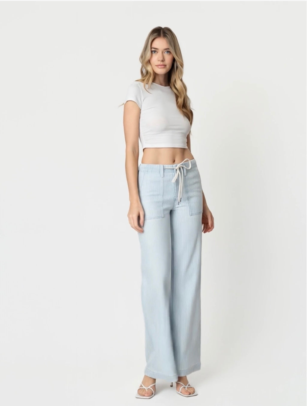 Lovervet High Rise Drawstring Elastic Waist Striped Wide Jeans