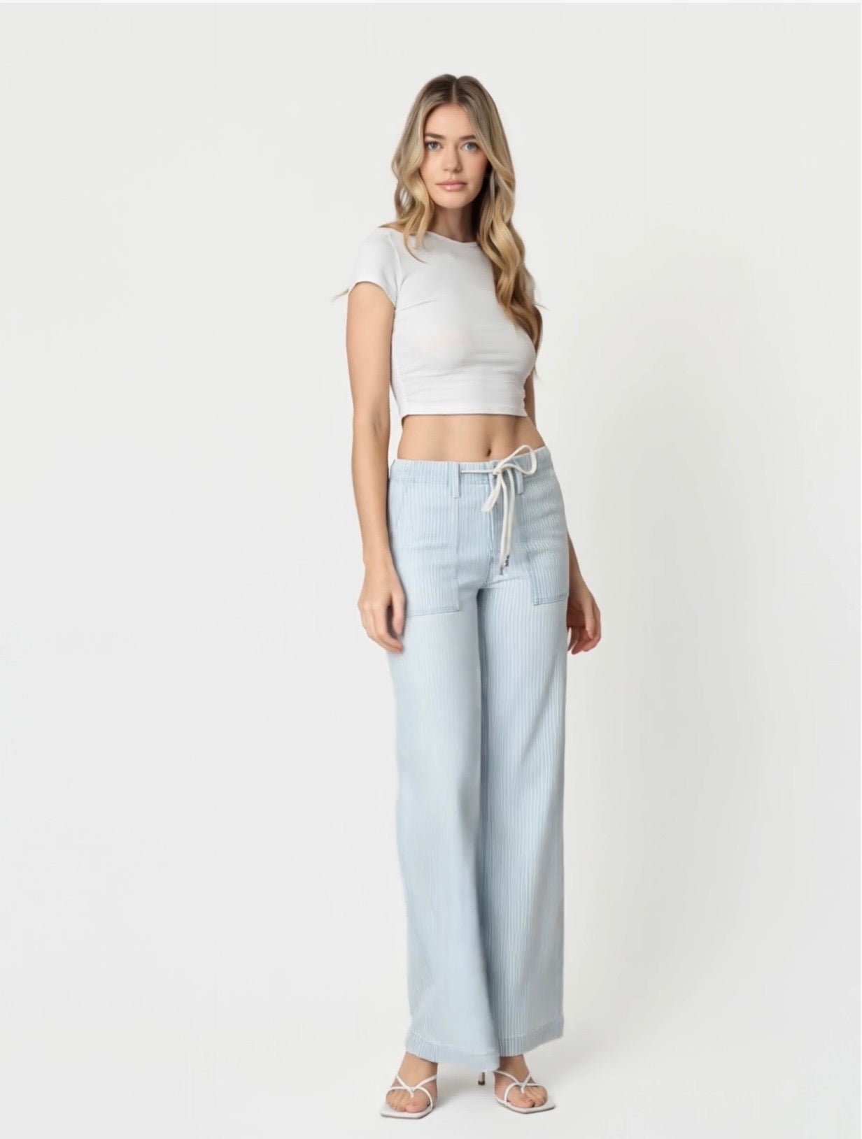 Lovervet High Rise Drawstring Elastic Waist Striped Wide Jeans