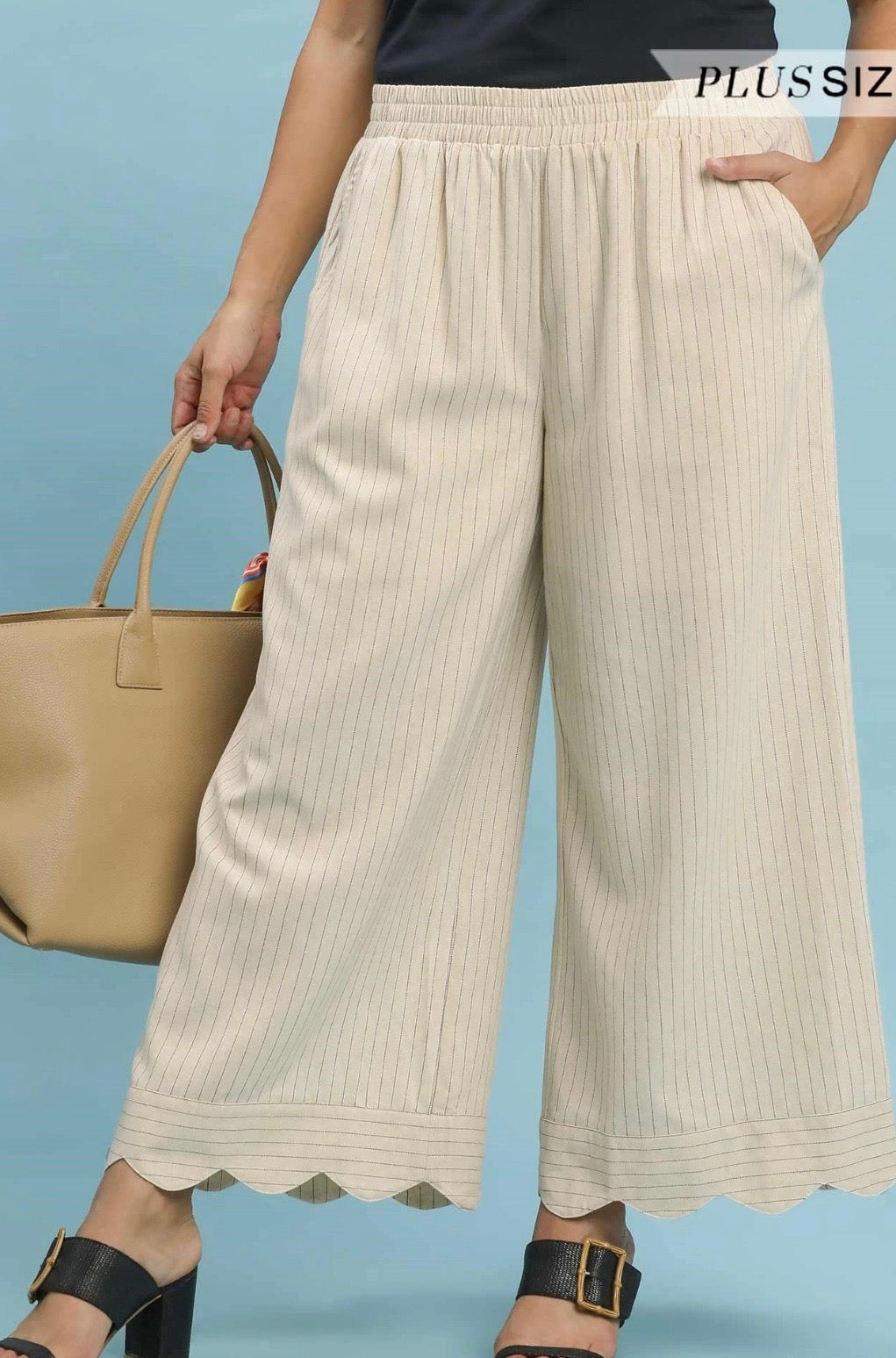 Curvy Pinstripe Wide Leg Linen Pant